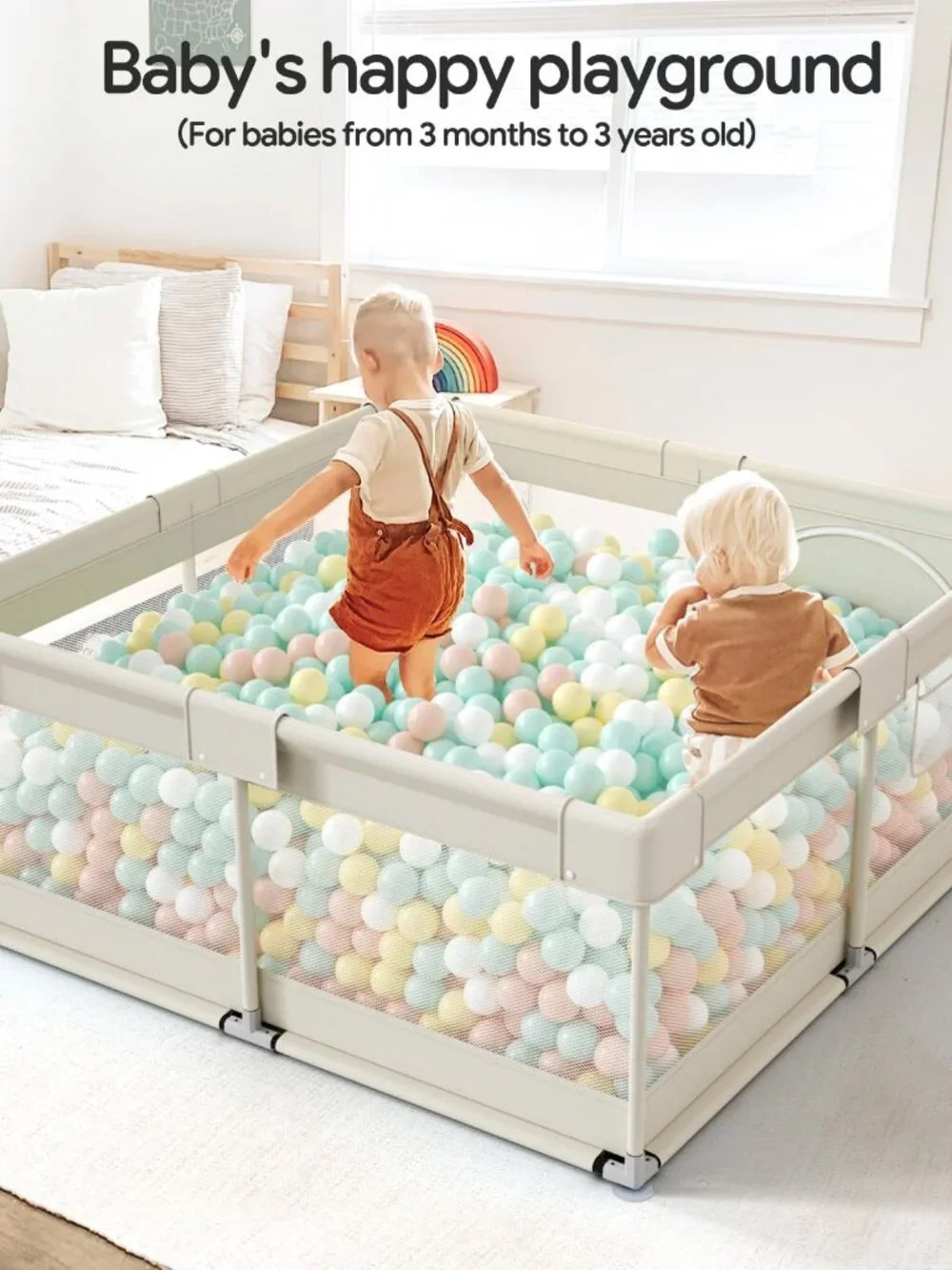 Beige Baby Playpen 47in x 47in x 26in Soft Mesh Safety Fence